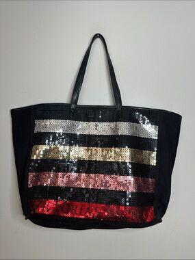 Victoria's Secret Black Sequin Striped Tote with Metallic Accents